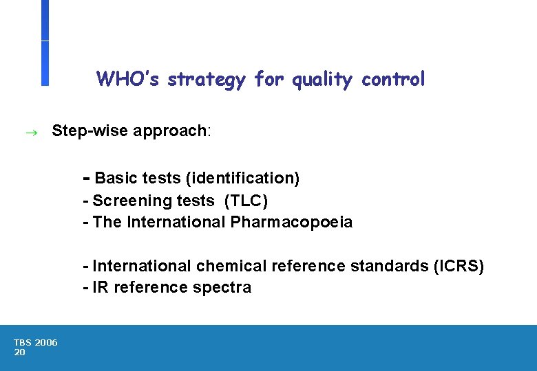 WHO’s strategy for quality control ® Step-wise approach: l l l TBS 2006 20