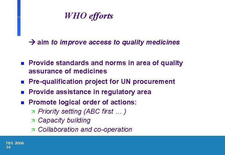WHO efforts aim to improve access to quality medicines n n TBS 2006 34