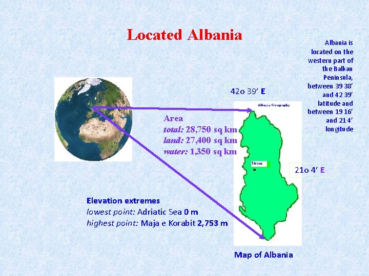 Located Albania 42 o 39’ E Area total: 28, 750 sq km land: 27,