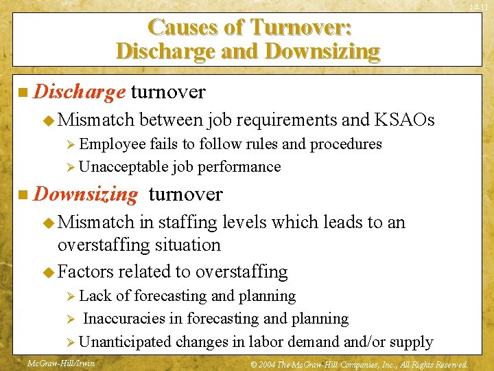 14 -11 Causes of Turnover: Discharge and Downsizing n Discharge turnover u Mismatch between