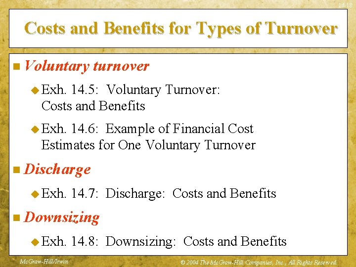 14 -18 Costs and Benefits for Types of Turnover n Voluntary turnover Costs Benefits