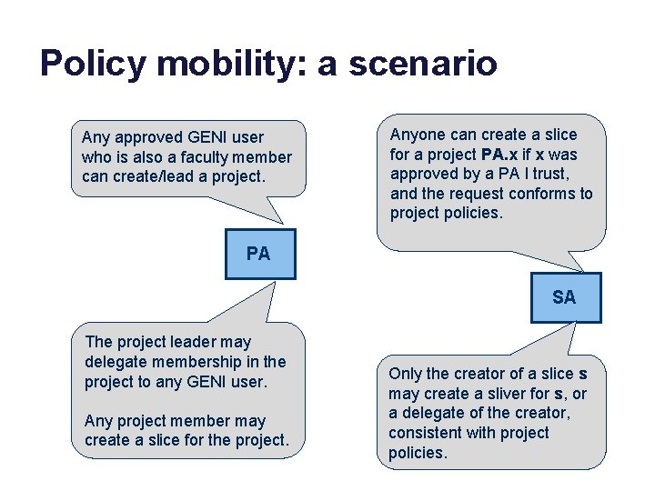 Policy mobility: a scenario Any approved GENI user who is also a faculty member