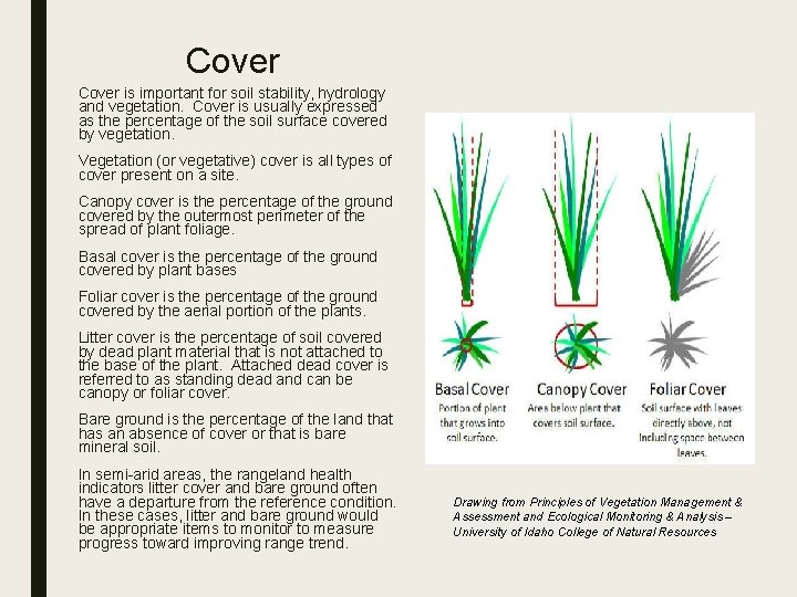 Cover is important for soil stability, hydrology and vegetation. Cover is usually expressed as