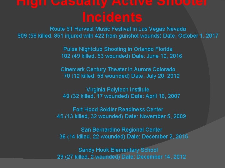 High Casualty Active Shooter Incidents Route 91 Harvest Music Festival in Las Vegas Nevada