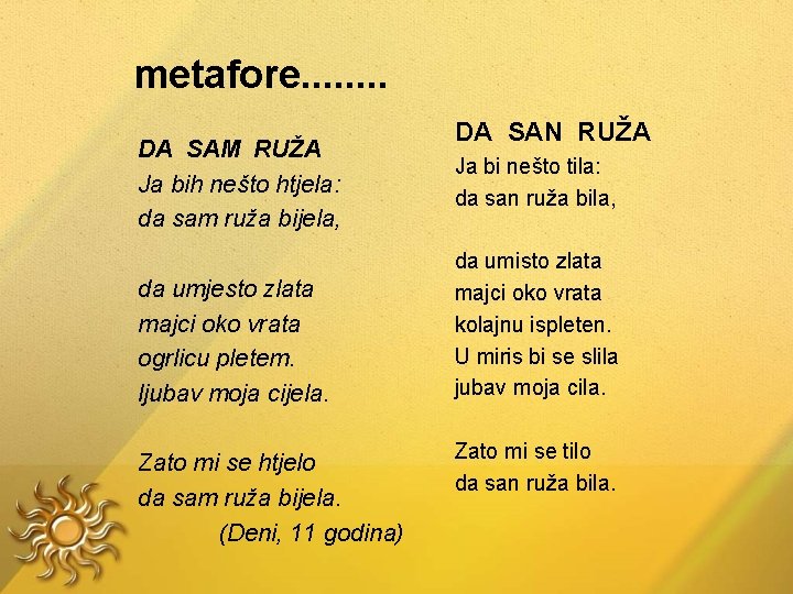 metafore. . . . DA SAM RUŽA Ja bih nešto htjela: da sam ruža