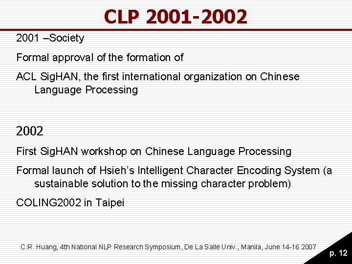 CLP 2001 -2002 2001 –Society Formal approval of the formation of ACL Sig. HAN, CLP 2001 -2002 2001 –Society Formal approval of the formation of ACL Sig. HAN,