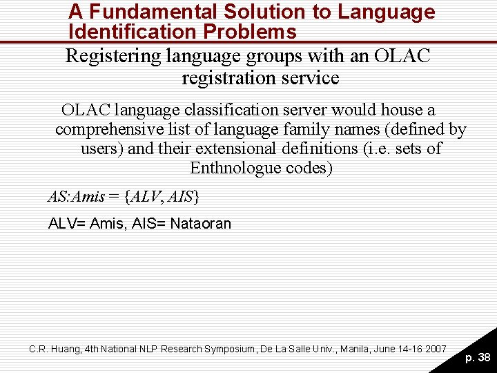 A Fundamental Solution to Language Identification Problems Registering language groups with an OLAC registration A Fundamental Solution to Language Identification Problems Registering language groups with an OLAC registration