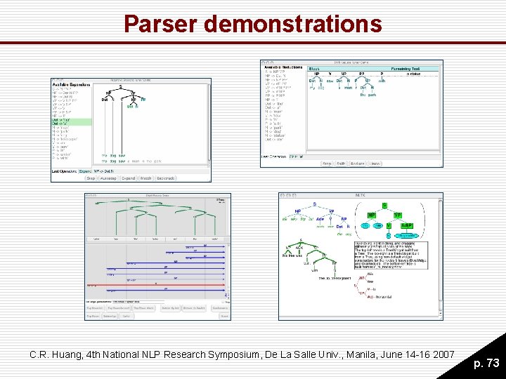 Parser demonstrations C. R. Huang, 4 th National NLP Research Symposium, De La Salle Parser demonstrations C. R. Huang, 4 th National NLP Research Symposium, De La Salle