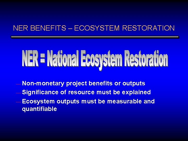 NER BENEFITS – ECOSYSTEM RESTORATION — Non-monetary project benefits or outputs — Significance of