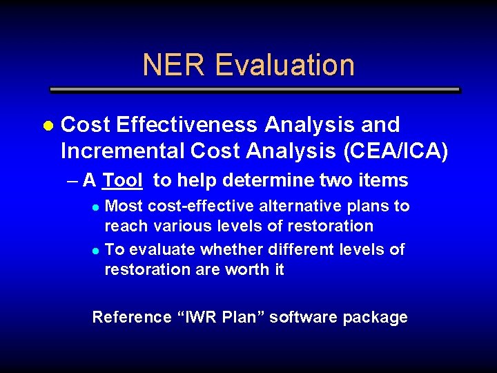 NER Evaluation l Cost Effectiveness Analysis and Incremental Cost Analysis (CEA/ICA) – A Tool