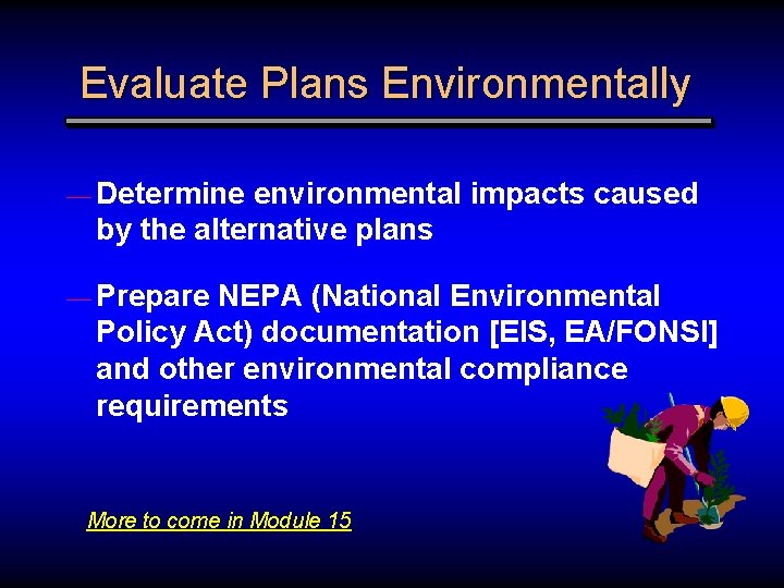 Evaluate Plans Environmentally — Determine environmental impacts caused by the alternative plans — Prepare