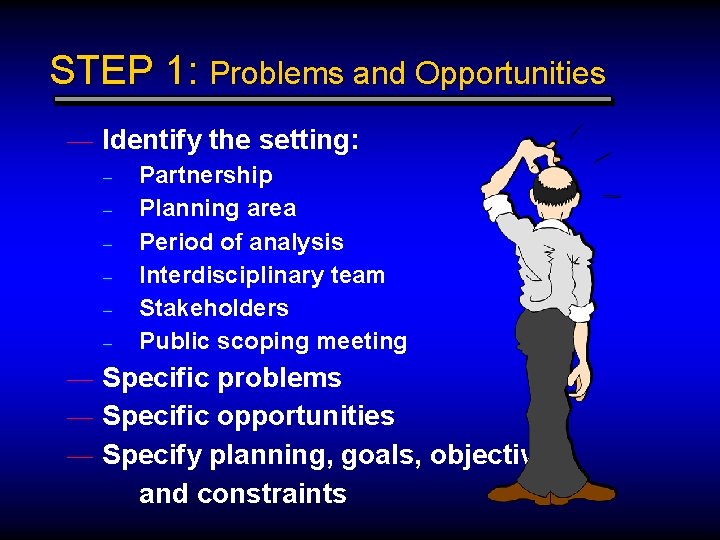 STEP 1: Problems and Opportunities — Identify the setting: – – – Partnership Planning
