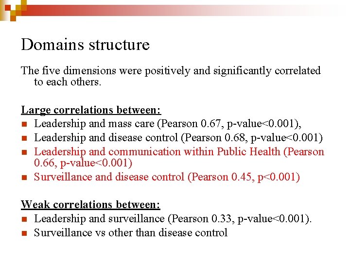 Domains structure The five dimensions were positively and significantly correlated to each others. Large