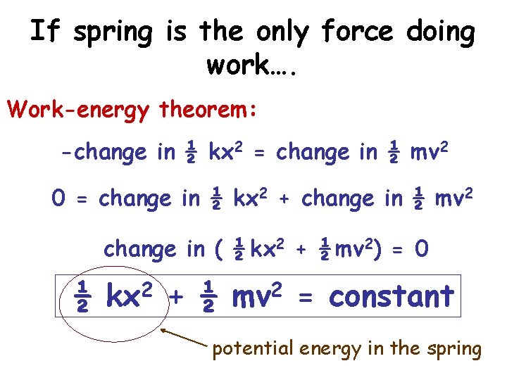 If spring is the only force doing work…. Work-energy theorem: -change in ½ kx