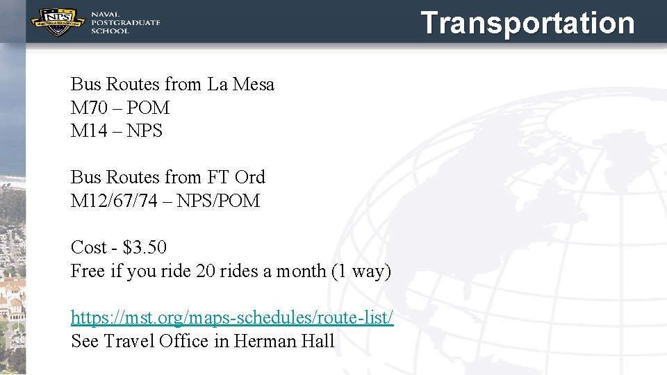 Transportation Bus Routes from La Mesa M 70 – POM M 14 – NPS