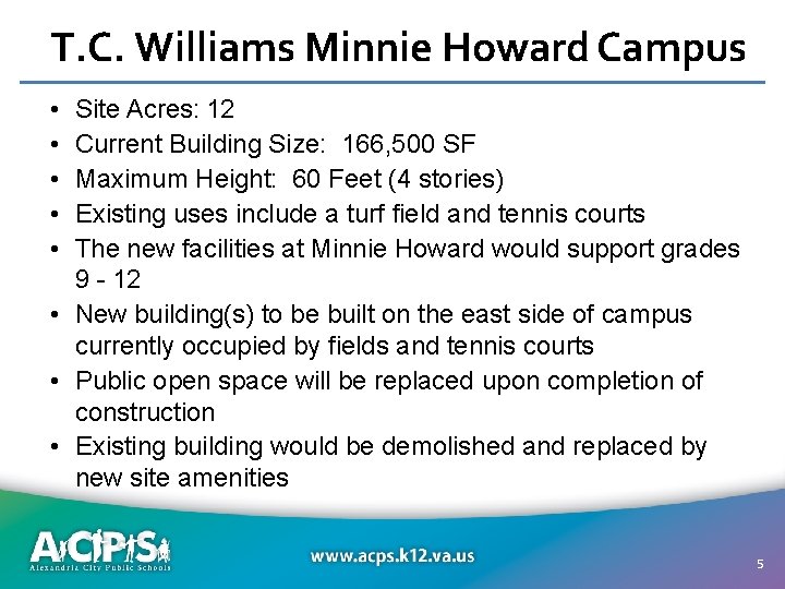 T. C. Williams Minnie Howard Campus • • • Site Acres: 12 Current Building