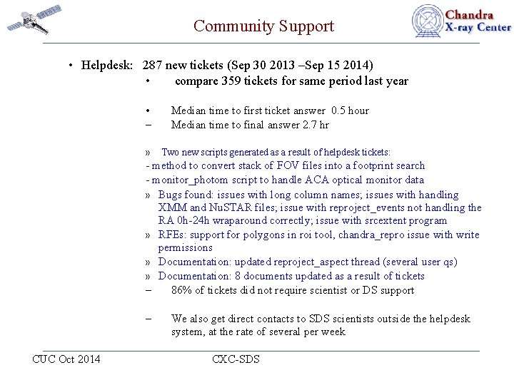Community Support • Helpdesk: 287 new tickets (Sep 30 2013 –Sep 15 2014) •