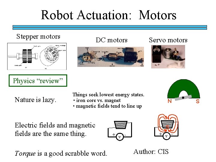 Robot Actuation: Motors Stepper motors DC motors Servo motors Physics “review” Nature is lazy.