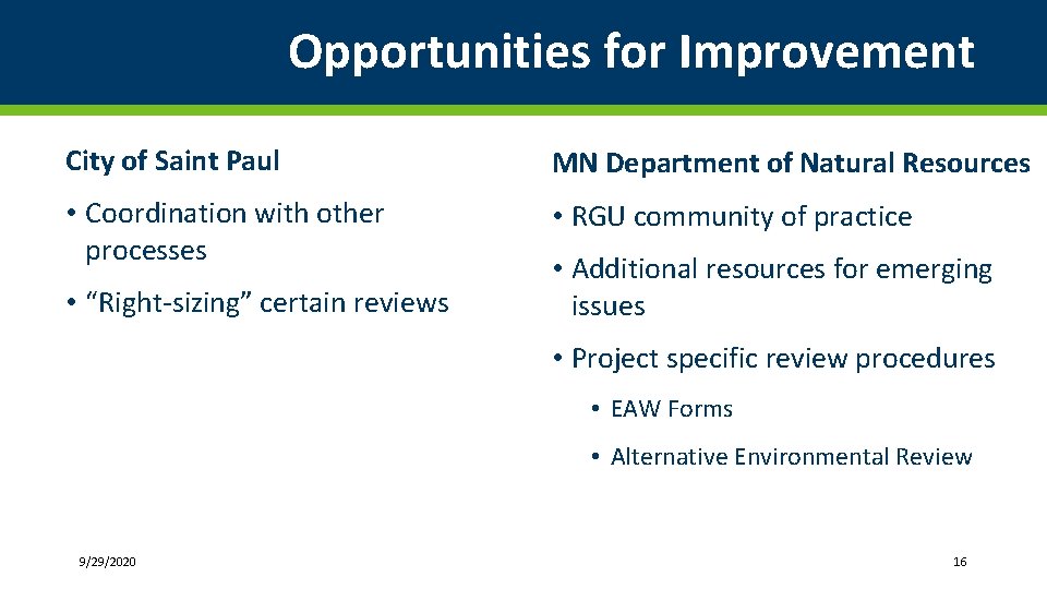 Opportunities for Improvement City of Saint Paul MN Department of Natural Resources • Coordination