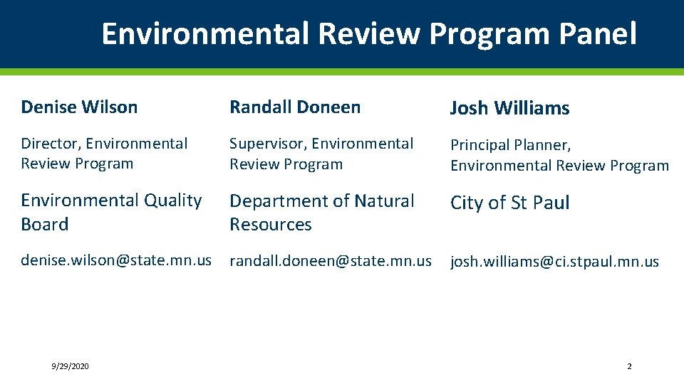 Environmental Review Program Panel Denise Wilson Randall Doneen Josh Williams Director, Environmental Review Program