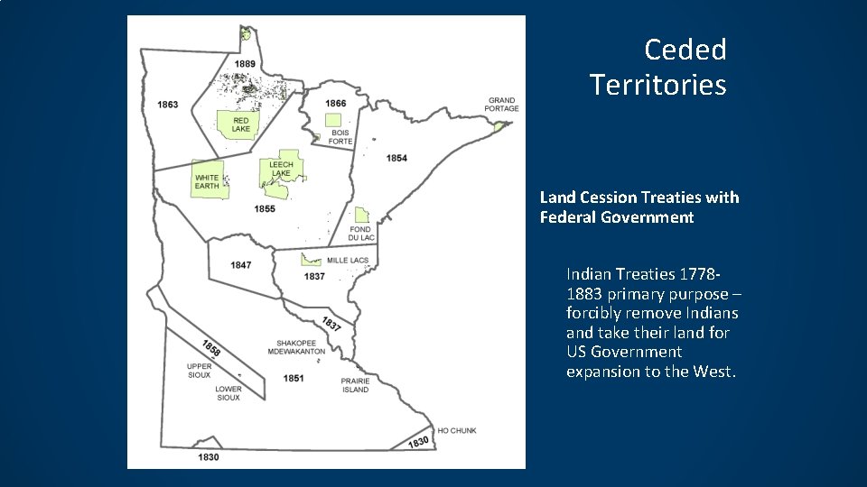 Ceded Territories Land Cession Treaties with Federal Government • Indian Treaties 17781883 primary purpose