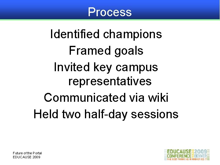 Process Identified champions Framed goals Invited key campus representatives Communicated via wiki Held two