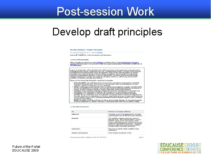 Post-session Work Develop draft principles Future of the Portal EDUCAUSE 2009 