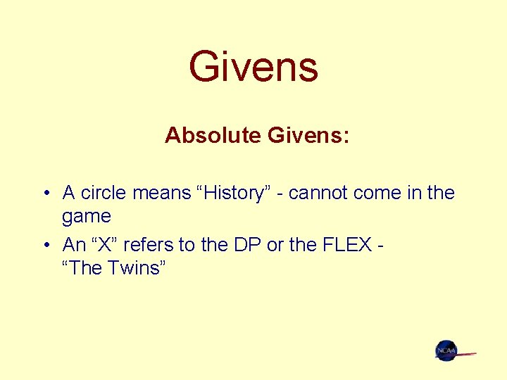 Givens Absolute Givens: • A circle means “History” - cannot come in the game