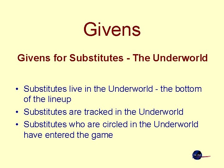 Givens for Substitutes - The Underworld • Substitutes live in the Underworld - the