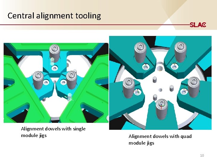 Central alignment tooling Alignment dowels with single module jigs Alignment dowels with quad module