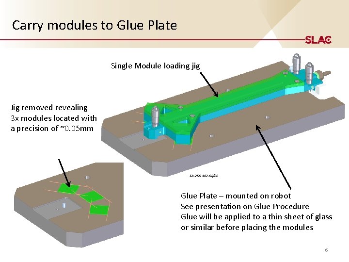 Carry modules to Glue Plate Single Module loading jig Jig removed revealing 3 x