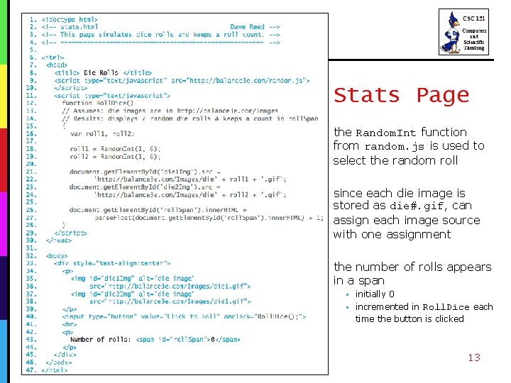 Stats Page the Random. Int function from random. js is used to select the