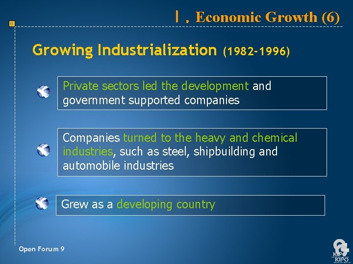 Ⅰ. Economic Growth (6) 8 Growing Industrialization (1982 -1996) Private sectors led the development