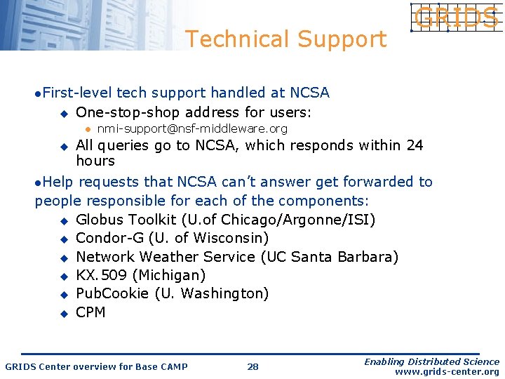 Technical Support l. First-level u tech support handled at NCSA One-stop-shop address for users: