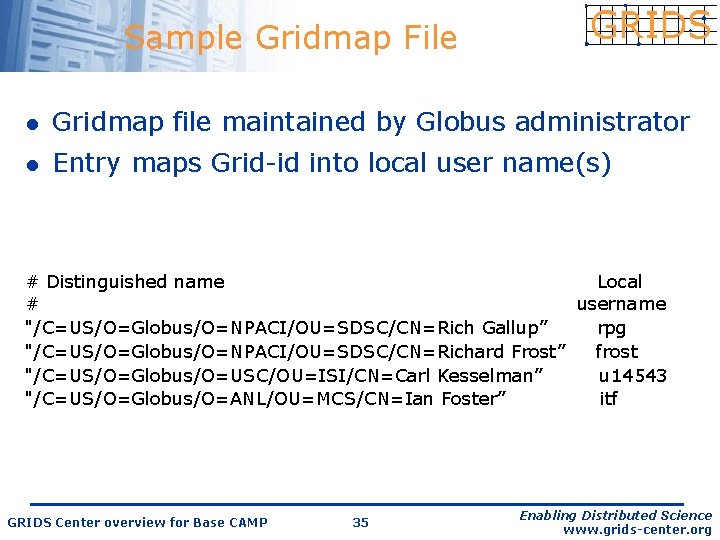 Sample Gridmap File l Gridmap file maintained by Globus administrator l Entry maps Grid-id