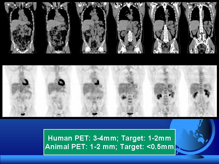Human PET: 3 -4 mm; Target: 1 -2 mm Animal PET: 1 -2 mm;