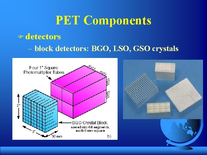 PET Components F detectors – block detectors: BGO, LSO, GSO crystals 