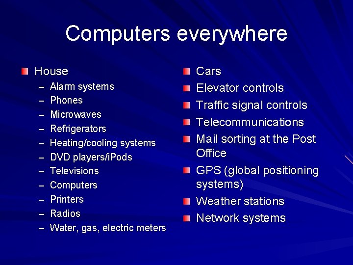 Computers everywhere House – – – Alarm systems Phones Microwaves Refrigerators Heating/cooling systems DVD