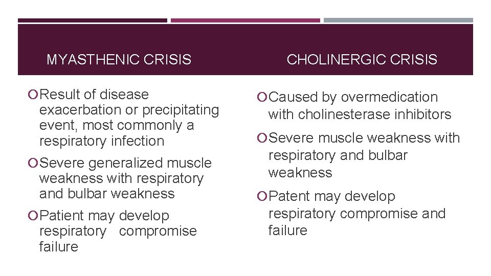 MYASTHENIC CRISIS Result of disease exacerbation or precipitating event, most commonly a respiratory infection