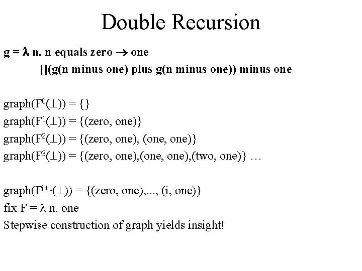 Double Recursion g = n. n equals zero one [](g(n minus one) plus g(n