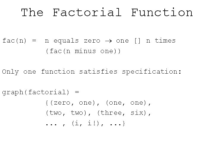 The Factorial Function fac(n) = n equals zero one [] n times (fac(n minus