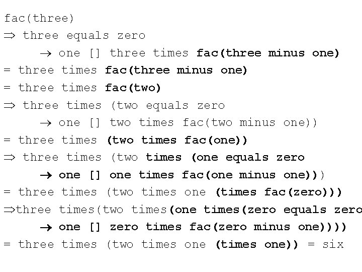 fac(three) three equals zero one [] three times fac(three minus one) = three times