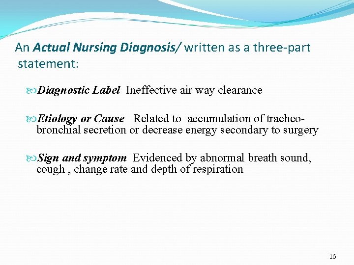 An Actual Nursing Diagnosis/ written as a three-part statement: Diagnostic Label Ineffective air way