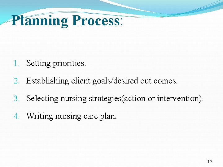 Planning Process: 1. Setting priorities. 2. Establishing client goals/desired out comes. 3. Selecting nursing