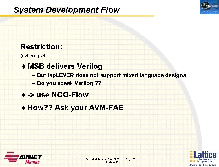 System Development Flow Restriction: (not really ; -) ¨ MSB delivers Verilog – But