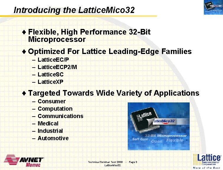 Introducing the Lattice. Mico 32 ¨ Flexible, High Performance 32 -Bit Microprocessor ¨ Optimized