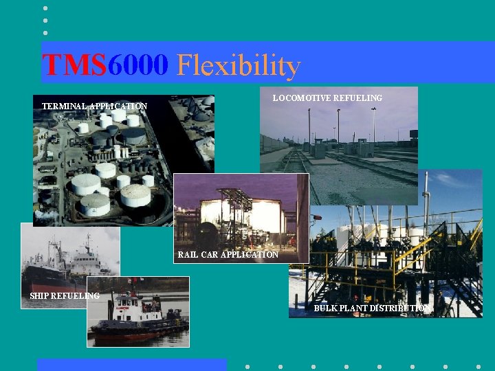 TMS 6000 Flexibility TERMINAL APPLICATION LOCOMOTIVE REFUELING RAIL CAR APPLICATION SHIP REFUELING BULK PLANT