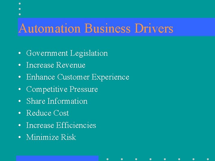 Automation Business Drivers • • Government Legislation Increase Revenue Enhance Customer Experience Competitive Pressure