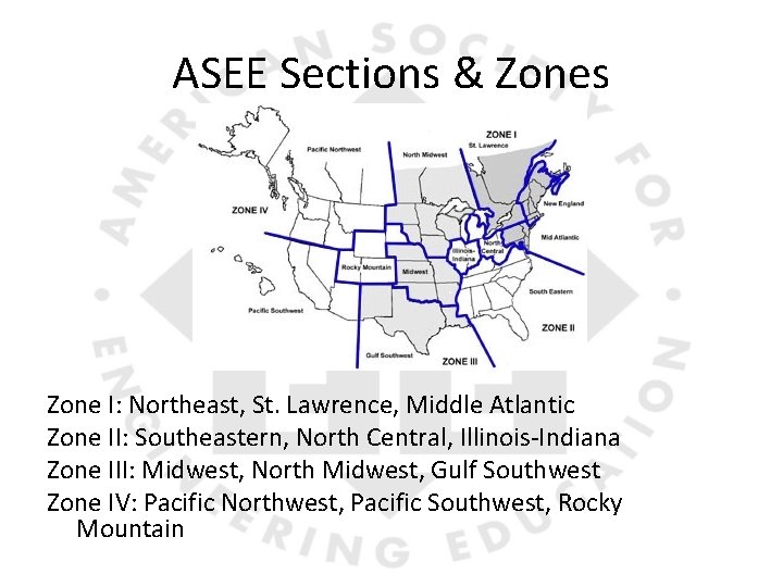 ASEE Sections & Zones Zone I: Northeast, St. Lawrence, Middle Atlantic Zone II: Southeastern,