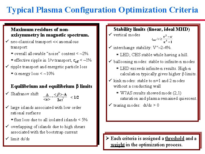 Typical Plasma Configuration Optimization Criteria Maximum residues of nonaxisymmetry in magnetic spectrum. ü neo-classical